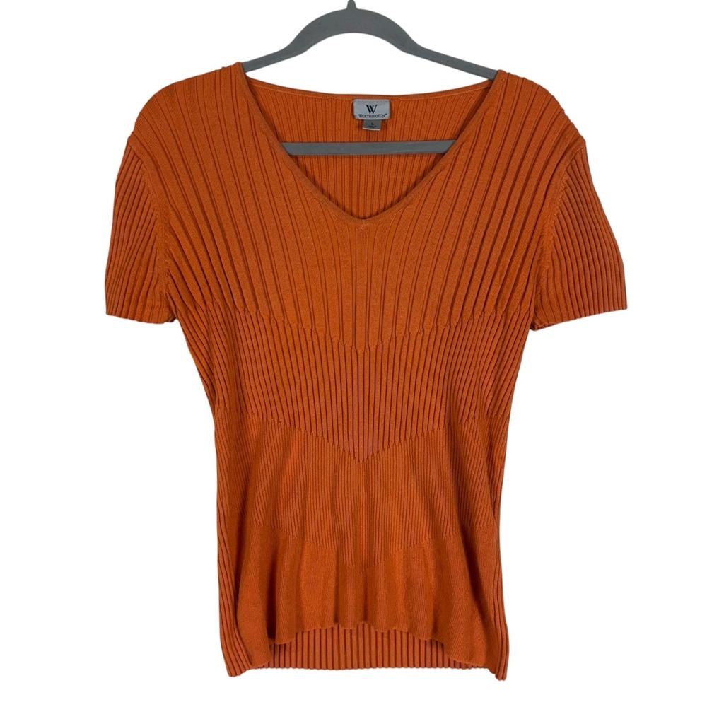 Worthington Sweater Womens L Orange Ribbed V Neck Short Sleeve Pullover